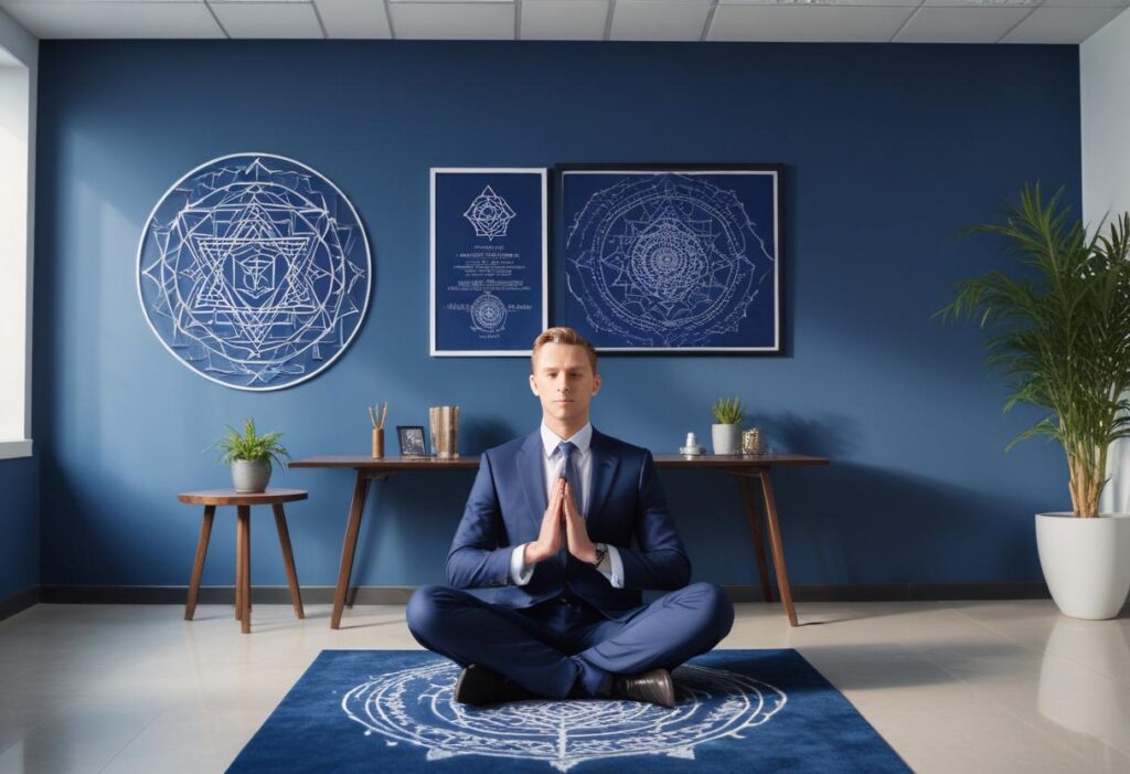 Businessman meditating Sriyantra in Office