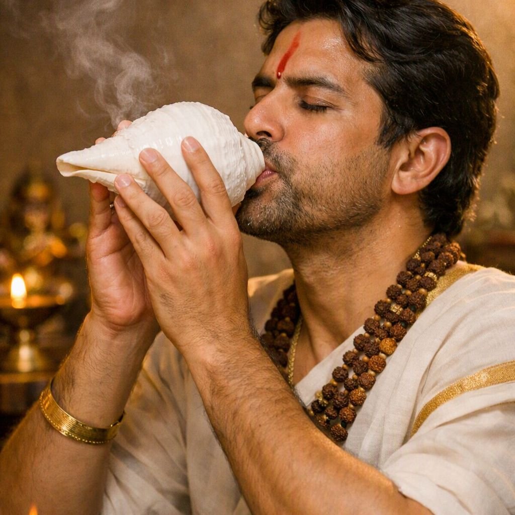 blowing conch in home removes spirits & demons